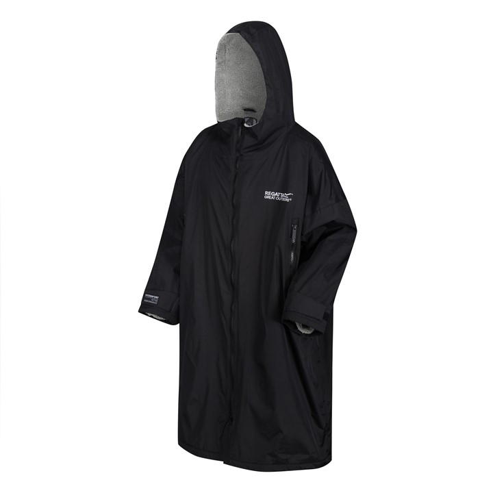 Black waterproof changing robe by Regatta, featuring a hood, soft inner lining, and side pockets for convenience.