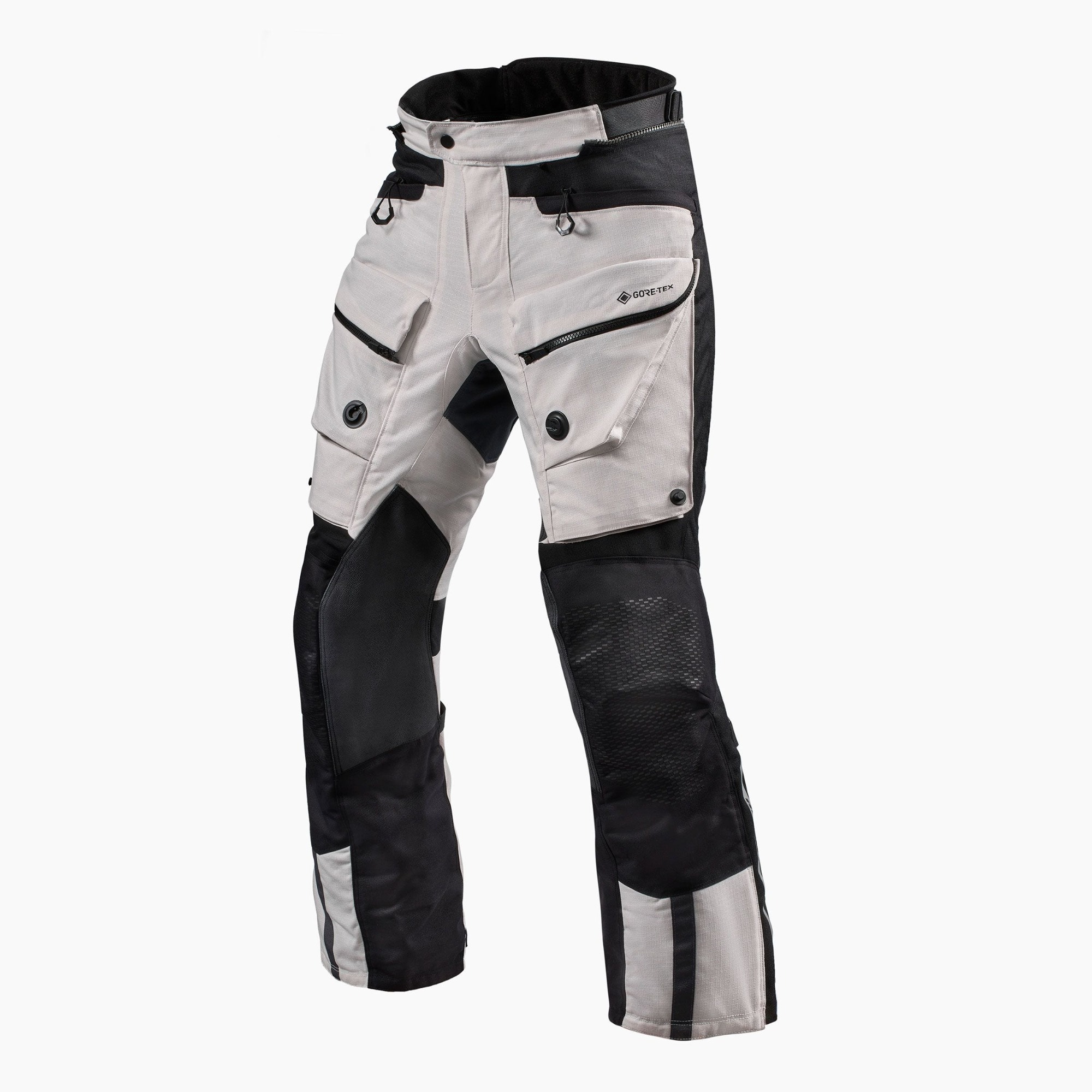 Black and silver motorcycle textile pants featuring a durable design, multiple pockets, mesh panels for ventilation, and adjustable waist, sized XL for men.