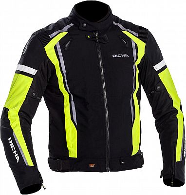 Black motorcycle jacket with fluorescent yellow accents, featuring reflective stripes, zip closure, and protective padding, designed for comfort and visibility in size 5XL.