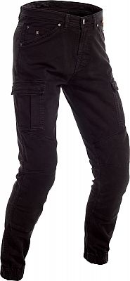 Black motorcycle jeans made of durable material, featuring a slim fit, multiple pockets, and reinforced stitching, designed for men in size 30.