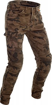 Green and multicolored Richa Apache Camo motorcycle jeans in size 42 for men, featuring a camouflage pattern, durable material, and multiple pockets for functionality.