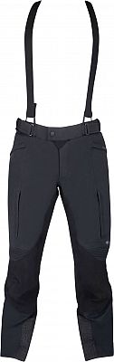 Black waterproof motorcycle textile pants with Gore-Tex material, featuring adjustable suspenders, zippered pockets, and reinforced knee areas, sized 3XL for men.