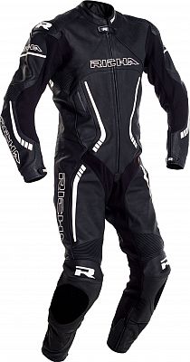 Black leather motorcycle suit with white accents, featuring a zip closure, padded areas for protection, and Richa branding on the chest and sleeves, designed for size 42.