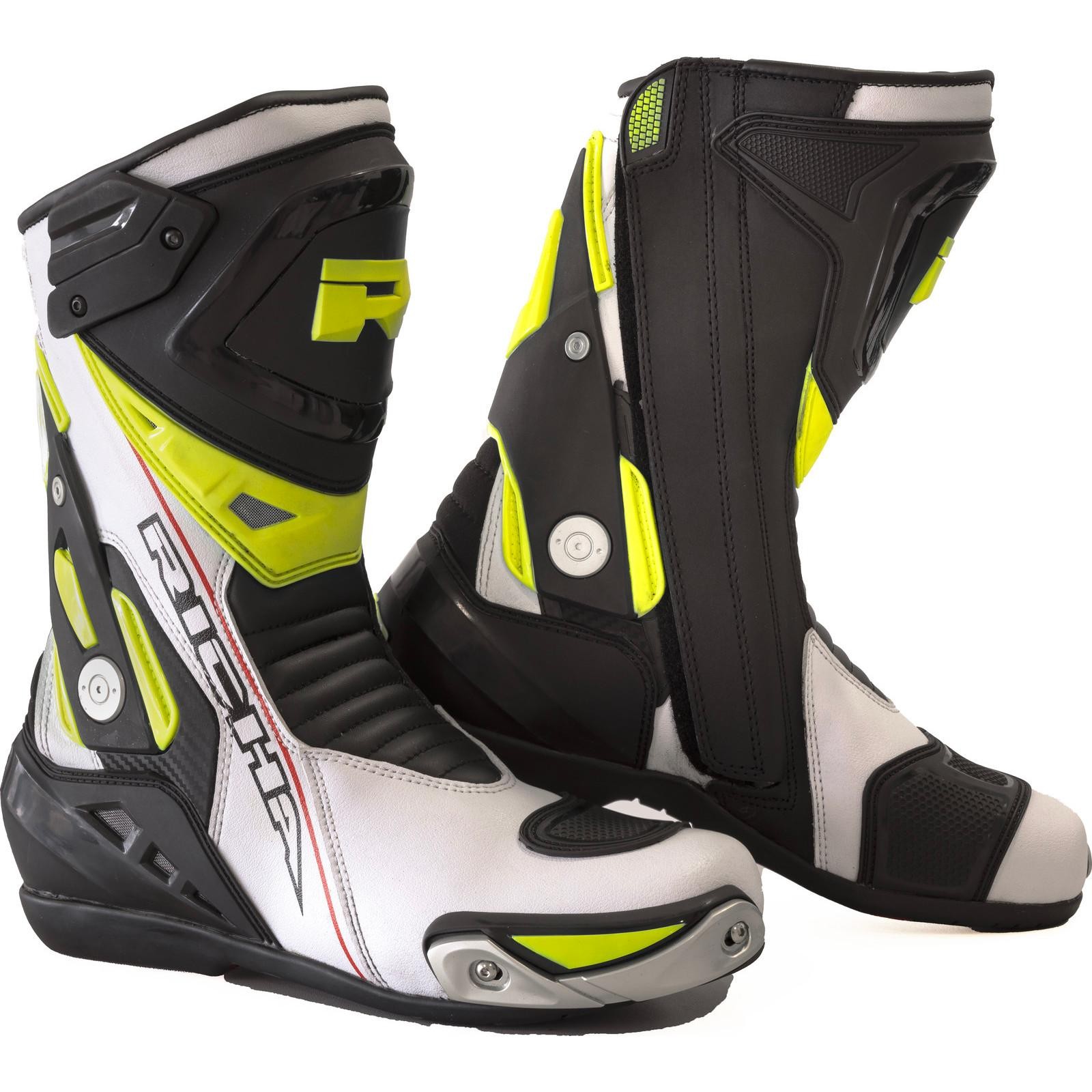 Richa Blade waterproof motorcycle boots in white, black, and fluo yellow, featuring a sleek design, reinforced ankle protection, and a durable sole for enhanced grip.