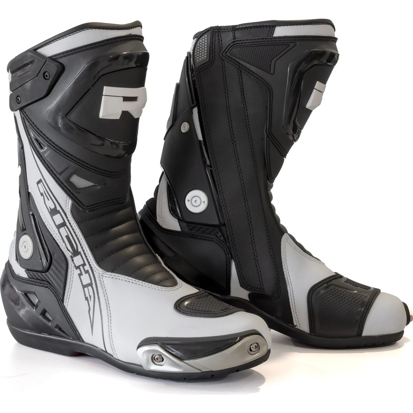 Black and white Richa Blade waterproof motorcycle boots featuring a sleek design, reinforced toe and heel, adjustable closure, and textured grip sole, size UK 11.