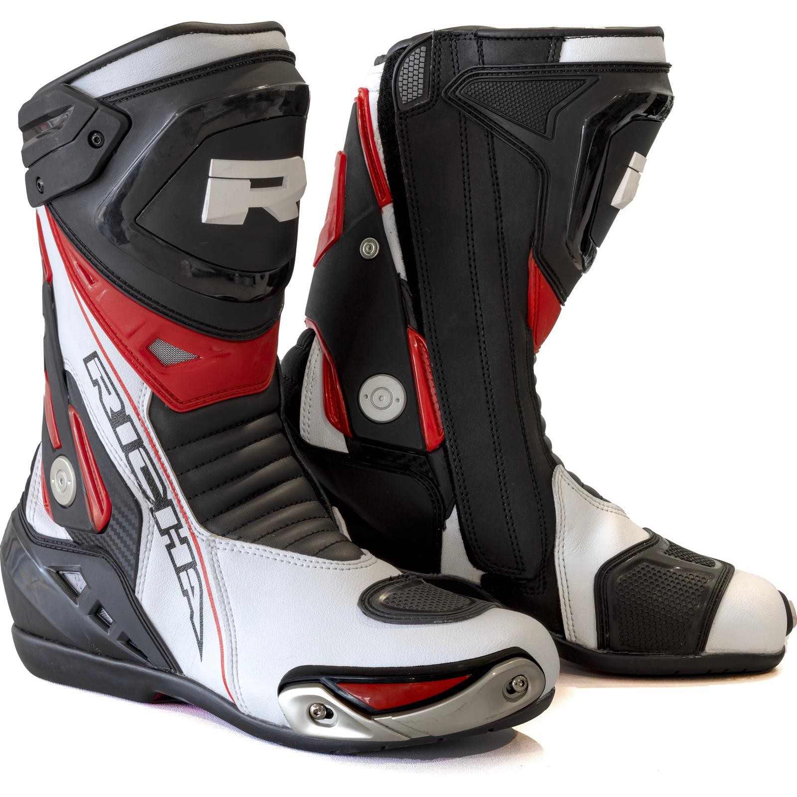 Richa Blade waterproof motorcycle boots in black, white, and red, featuring a sleek design, reinforced toe, and ankle protection, size UK 13.