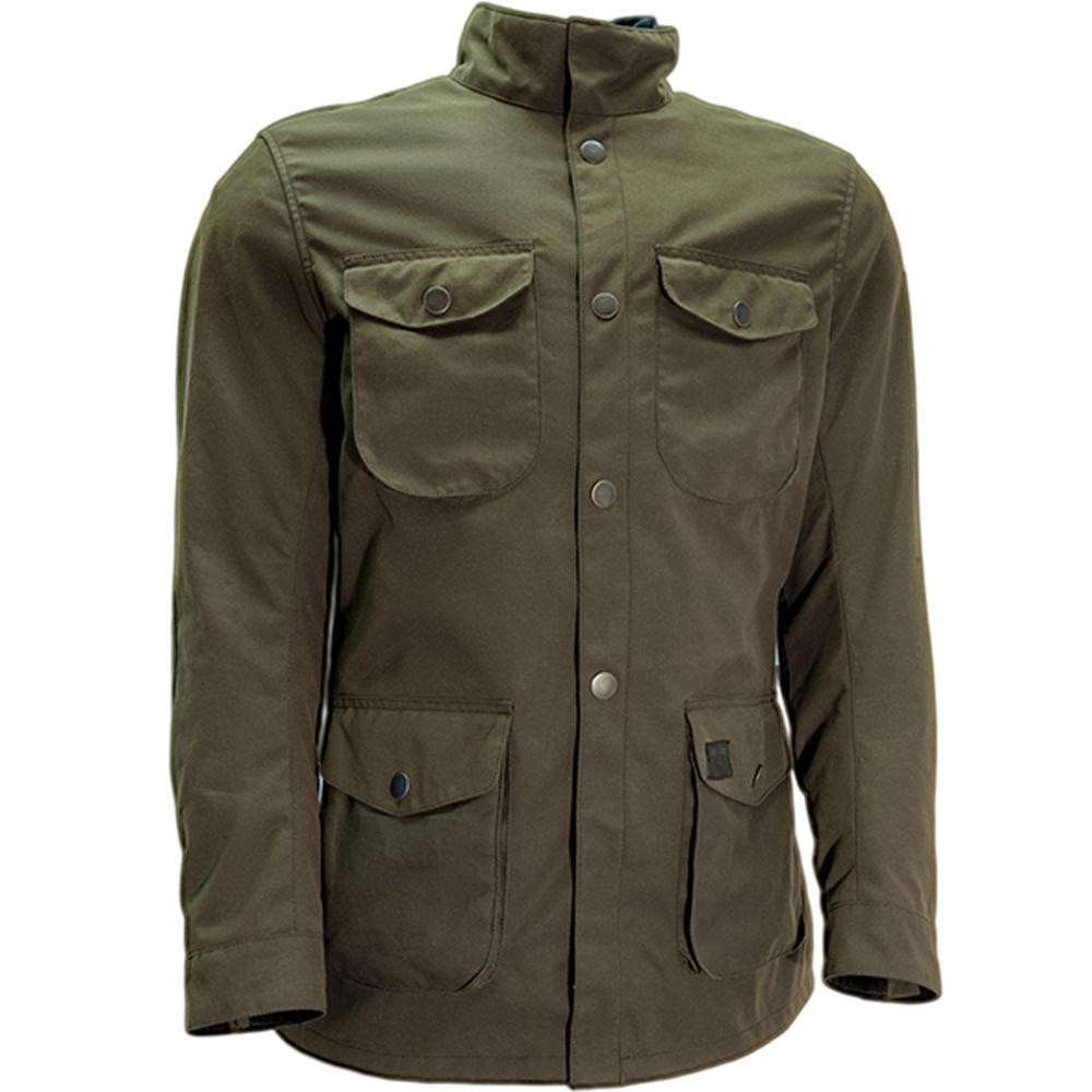 Green Richa Bonneville 2 motorcycle jacket in XL, featuring a durable fabric, two chest pockets, two front pockets, and a high collar for added protection.
