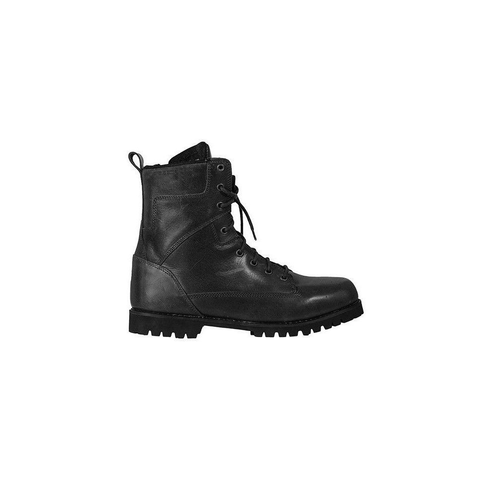 Black leather motorcycle boots featuring a lace-up design, sturdy sole, and reinforced ankle support, ideal for riders seeking durability and style.