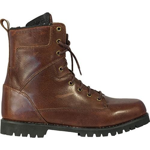 Brown leather motorcycle boots with a rugged sole, featuring metal eyelets, lace-up front, and a padded collar for comfort, designed for durability and style.