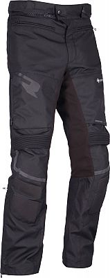 Black Gore-Tex waterproof motorcycle textile pants in size XL for men, featuring reinforced knee panels, zippered pockets, and adjustable waistband for comfort and protection.