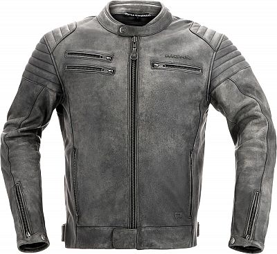 Grey leather motorcycle jacket by Richa, featuring a zip closure, ribbed shoulder detailing, and multiple zippered pockets, designed for men in size 52.