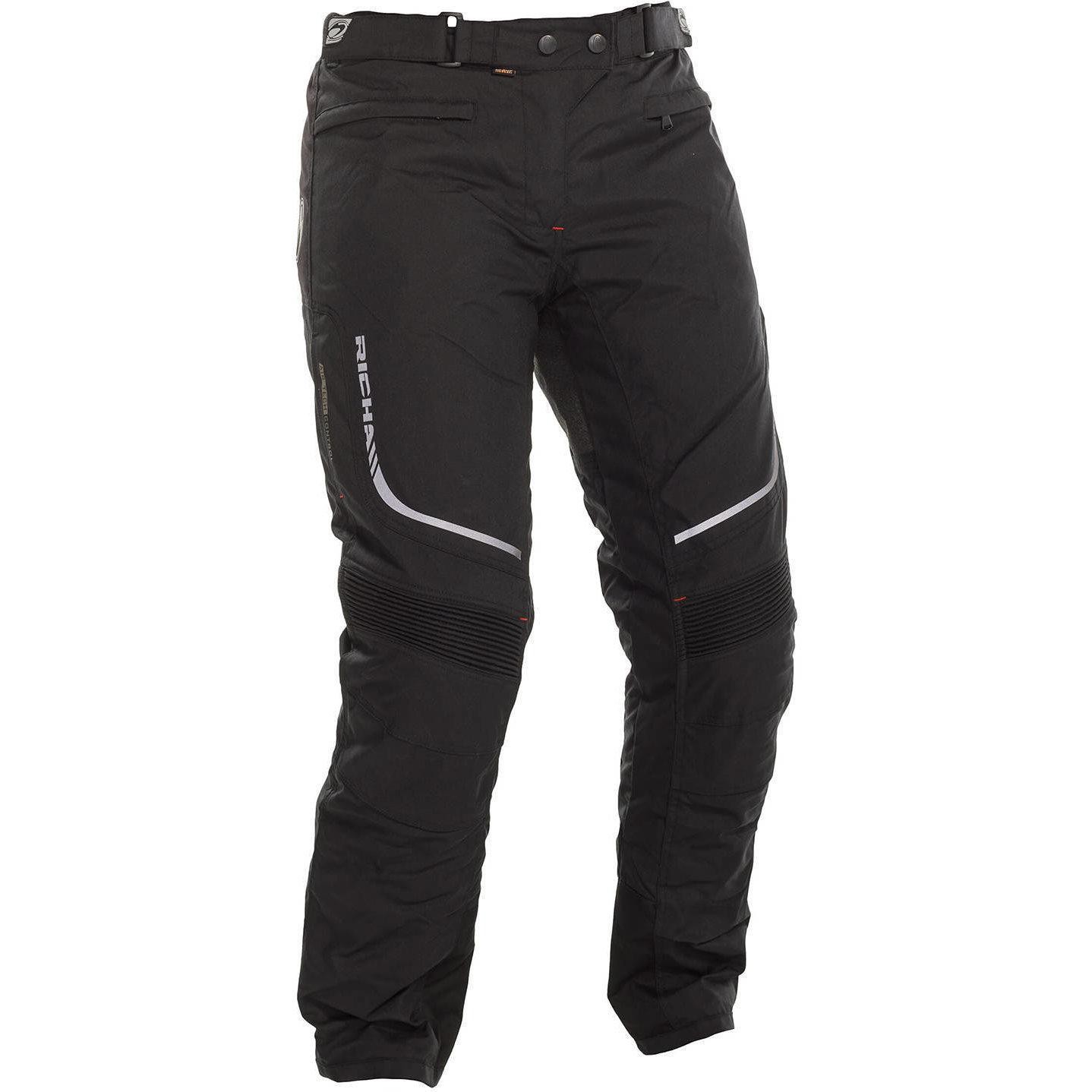 Black motorcycle trousers for women, made from durable material, featuring reflective stripes, adjustable waist, and knee panels for enhanced comfort and protection.