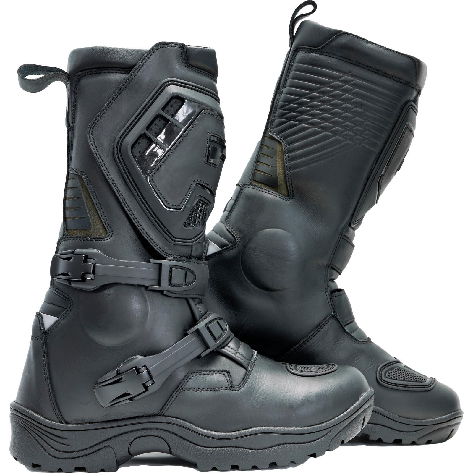 Black Richa Colt Long Motorcycle Boots in size UK 13, featuring a sturdy design, adjustable buckles, textured panels, and a rugged sole for enhanced grip and protection.