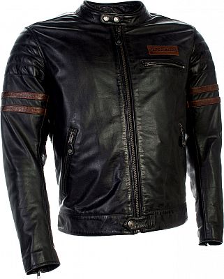 Petrol brown leather motorcycle jacket featuring a zip front, two side pockets, a chest pocket, and brown striped detailing on the sleeves.