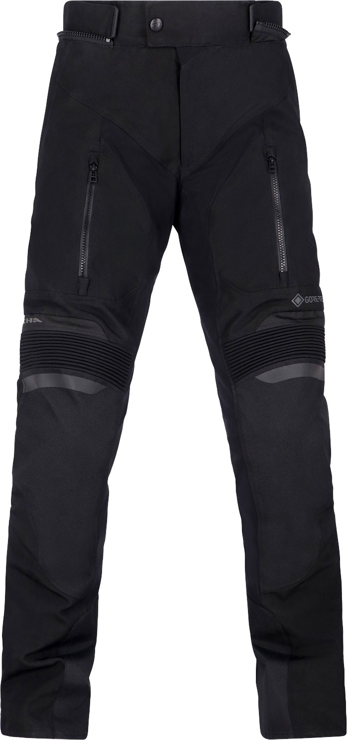 Black motorcycle trousers made from Gore-Tex material, featuring zippered pockets, textured knee panels, and a sleek design, tailored for ladies in size L short.