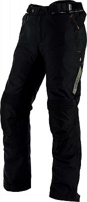 Black motorcycle trousers made from durable material, featuring a slim fit, adjustable waist, and reflective detailing for visibility, designed for comfort and protection.