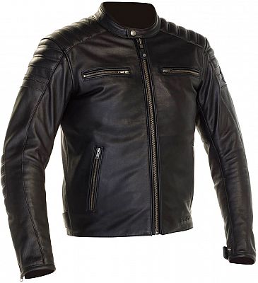 Black motorcycle leather jacket by Richa, featuring a sleek design, quilted shoulder detailing, multiple zippered pockets, and a fitted silhouette, available in size 56 for men.