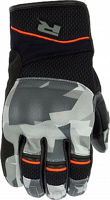 Black, grey, and red camo motorcycle gloves featuring a textured grip, breathable mesh material, and reinforced knuckles, designed for men in size M by Richa.