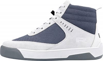 Grey and white Richa Douglas WP motorcycle shoes, size 42 (UK 8), featuring a high-top design, suede and fabric materials, with ventilation holes and a rubber sole.