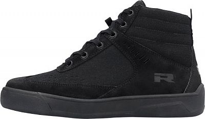 Black waterproof motorcycle shoes for men, size 43, featuring a high-top design, textured fabric, and a rubber sole, with a subtle Richa logo on the side.