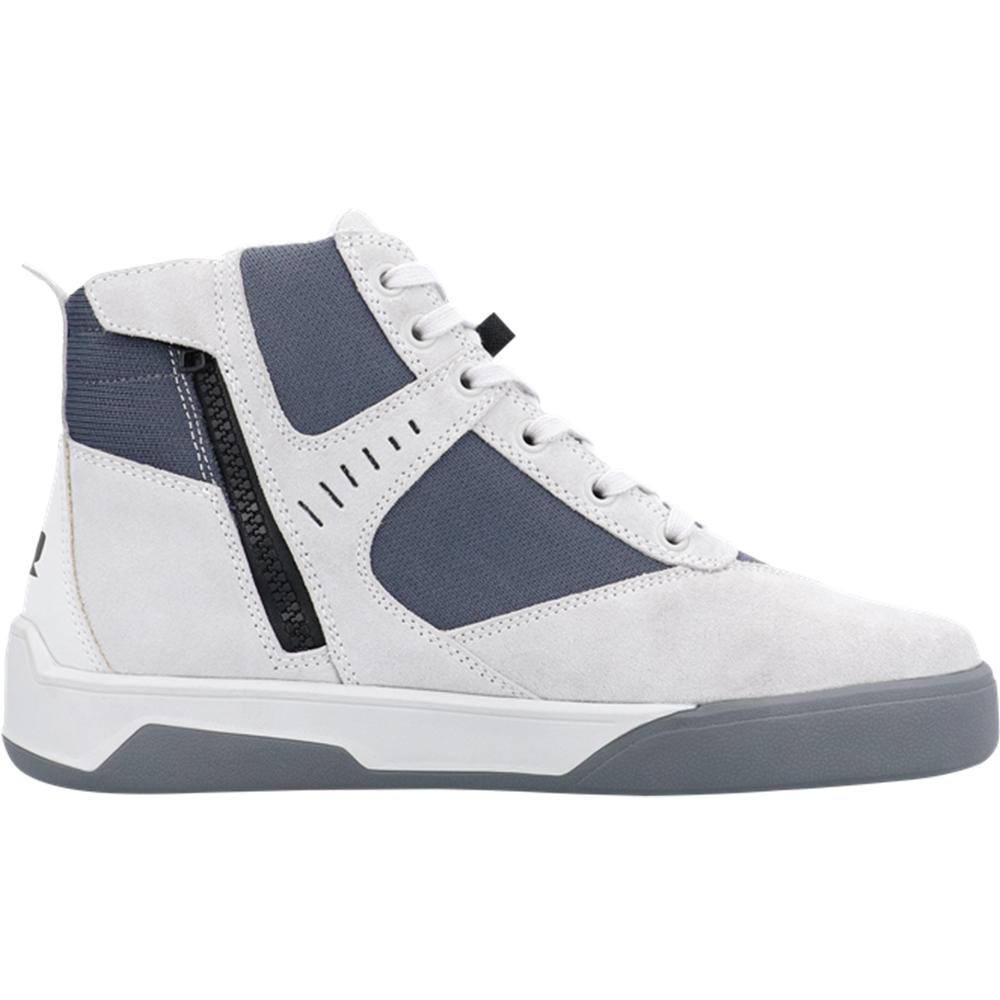 Grey and white motorcycle shoes featuring a high-top design, suede and mesh materials, side zipper, and a sturdy rubber sole, size 43 (UK 9).