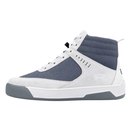Grey and white high-top motorcycle shoes with a suede and textile upper, featuring a padded collar, lace-up front, and Richa logo on the side. Size 44 (UK 10).