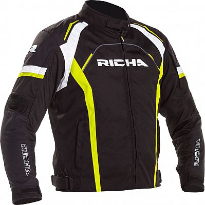 Black motorcycle jacket with fluorescent yellow and white accents, featuring Richa branding, zippered front, and padded shoulders for protection.
