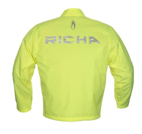 Bright yellow waterproof motorcycle over jacket with reflective "Richa" logo on the back, designed for visibility and protection in rainy conditions, size L (42).