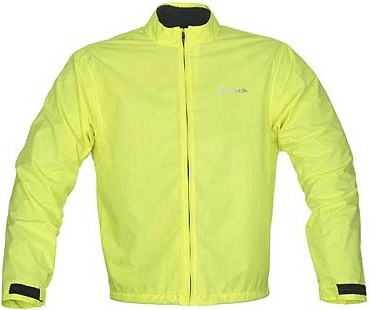 Bright yellow waterproof motorcycle over jacket with a zip front, long sleeves, and reflective detailing, designed for visibility and protection in wet conditions.