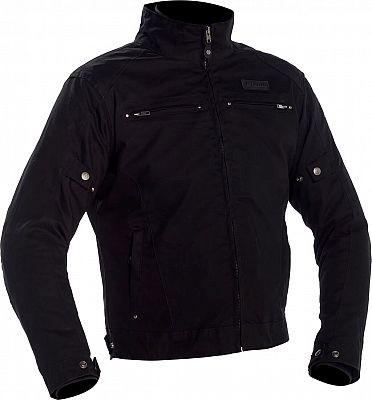 Black long motorcycle jacket by Richa, made from durable material, featuring a zip front, two zippered chest pockets, and adjustable cuffs, designed for a comfortable fit in size 6XL.
