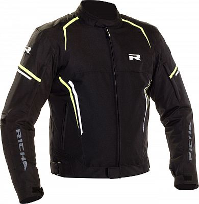 Black motorcycle jacket with fluorescent yellow accents, made of durable material, featuring a zip closure, padded shoulders, and Richa branding on the sleeves.