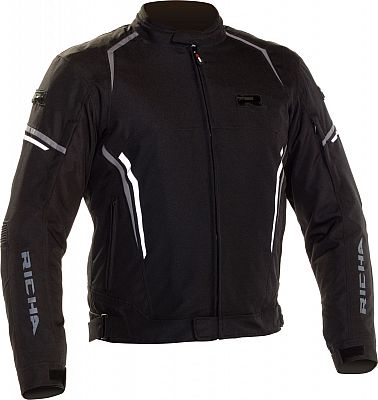 Black Richa Gotham 2 motorcycle jacket in XXL, featuring reflective stripes, zippered pockets, and a sleek, durable design suitable for riding.
