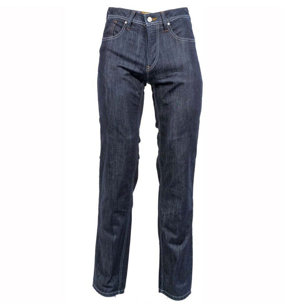 Dark blue motorcycle jeans in a straight-leg cut, made from durable denim, featuring a classic five-pocket design and subtle stitching details.
