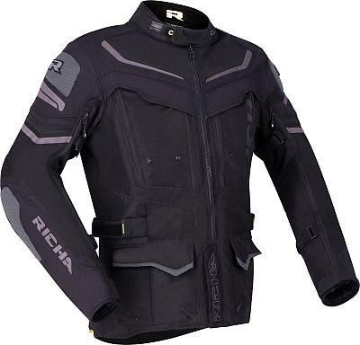 Black-grey waterproof motorcycle textile jacket with reflective accents, multiple pockets, and adjustable features, designed for men, size M, by Richa.