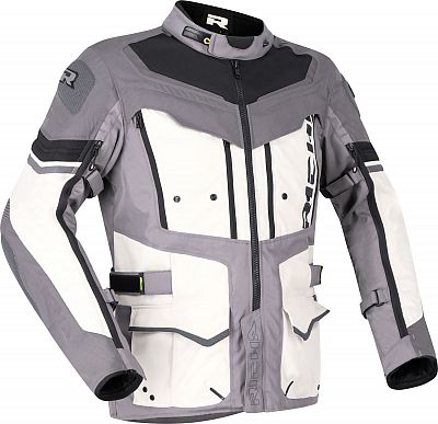 Black-grey waterproof motorcycle textile jacket featuring a durable design, multiple pockets, and reflective details, designed for men in size M.