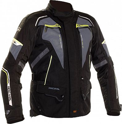Black-grey-yellow waterproof motorcycle textile jacket with reflective accents, adjustable straps, and protective padding, designed for men in size XL by Richa.