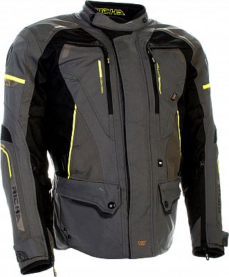Gray and black Richa Infinity 2 motorcycle jacket in 4XL, featuring reflective yellow accents, multiple zippered pockets, and ventilation panels for comfort and safety.