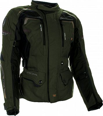 Green Richa Infinity 2 motorcycle jacket featuring a durable material, multiple zippered pockets, ventilation panels, and adjustable straps for a secure fit.
