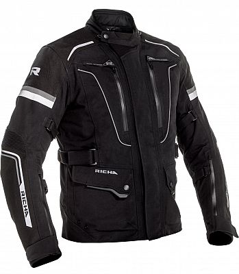 Black, grey, and white textile motorcycle jacket for women featuring reflective stripes, multiple zippered pockets, adjustable straps, and a sporty design, sized 2XL.