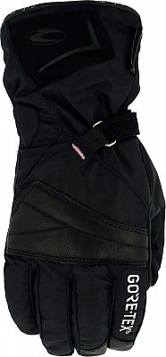 Black and pink ladies' motorcycle gloves made from Gore-Tex, featuring a sleek design, reinforced palm, and adjustable wrist strap for a secure fit.