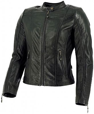 Black leather motorcycle jacket for women, featuring a fitted design, snap collar, zippered front, and side pockets, in size 38.