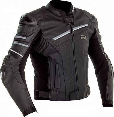 Black and grey Richa Mugello 2 leather motorcycle jacket featuring a sleek design, perforated panels, reflective stripes, and a zip closure.