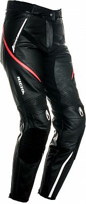 Black leather motorcycle trousers for women with pink and white accents, featuring a sleek design, knee protection, and a tailored fit, ideal for riding.