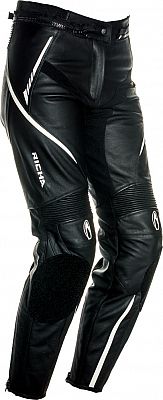 Black leather motorcycle trousers featuring white accents, knee protectors, and a sleek design, ideal for female riders.