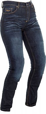 Navy slim fit motorcycle jeans for ladies, made from durable denim, featuring a classic five-pocket design and subtle stitching details for a stylish look.