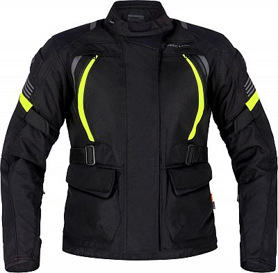 Black and yellow waterproof textile motorcycle jacket for women, featuring reflective stripes, adjustable straps, and multiple zippered pockets, size M.