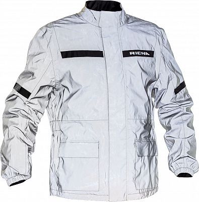 Reflective white motorcycle over jacket by Richa, featuring a high collar, elastic cuffs, and two front pockets, designed for visibility and protection in wet conditions.