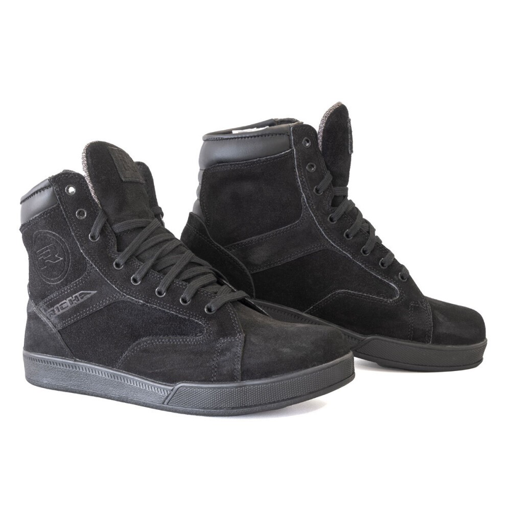 Black Richa Rocky motorcycle boots made of suede with a high-top design, featuring lace-up closure, padded collar, and logo detail on the side, size 40 (UK 6).
