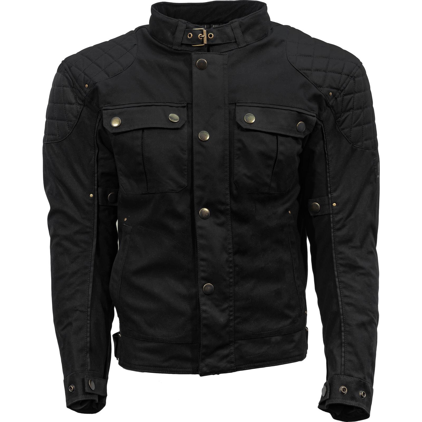 Black Richa Scrambler 2 motorcycle jacket in size 6XL, featuring a quilted shoulder design, snap buttons, and multiple front pockets for a rugged look.