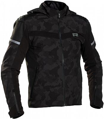 Black Richa Stealth Motorcycle Jacket in size L, featuring a camouflage pattern, zippered pockets, reflective stripes, and a hood for added protection and style.